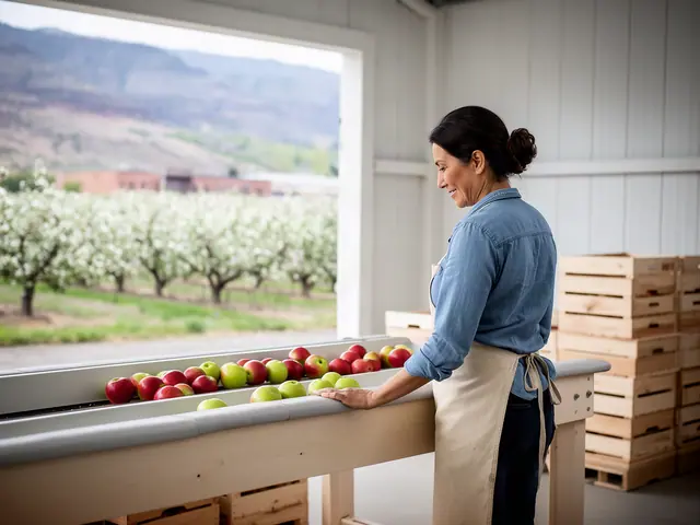 An orchard owner at a new padded wooden apple-sorting table with red and green apples in her packing shed.