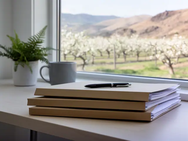 A neat stack of closed manila folders and a pen on a desk by a window.