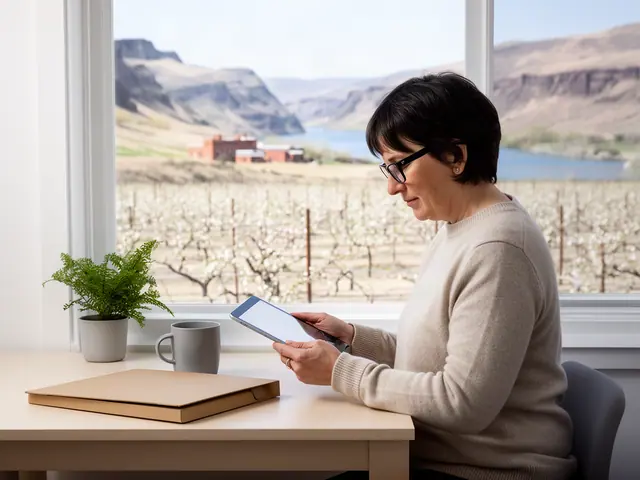 A woman with short dark hair and black-framed glasses reviewing a tablet at a desk in a small back office.