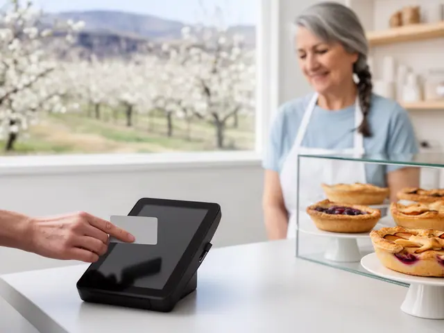 A customer taps a card on a counter terminal at a small fruit-pie bakery.
