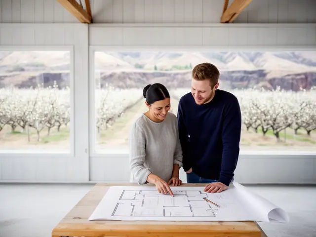 Two business partners looking over a pencil floor sketch in an empty storefront.