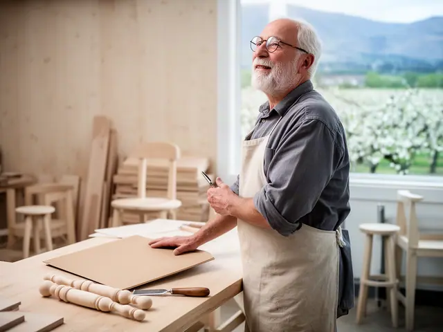 A chair maker at his bench with turned chair spindles, a drawknife and a closed folder.